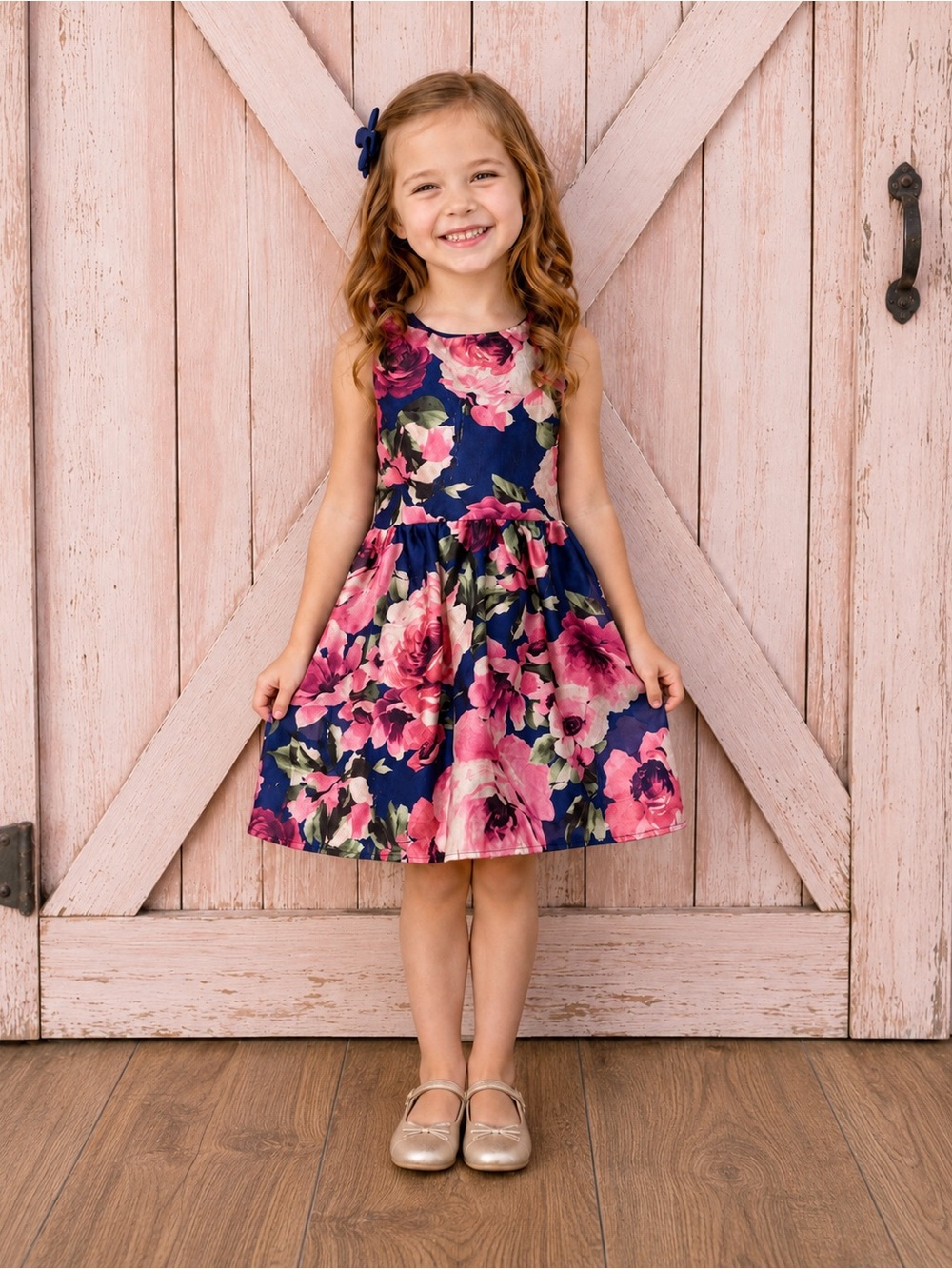 GB Girls Navy Pink Floral Fit Flare Dress Girls Size 5 Church Easter Wedding